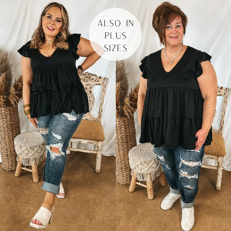Last Chance Size Small | Make Your Debut Ruffle Tiered V Neck Top in Black Bold Women's Statement