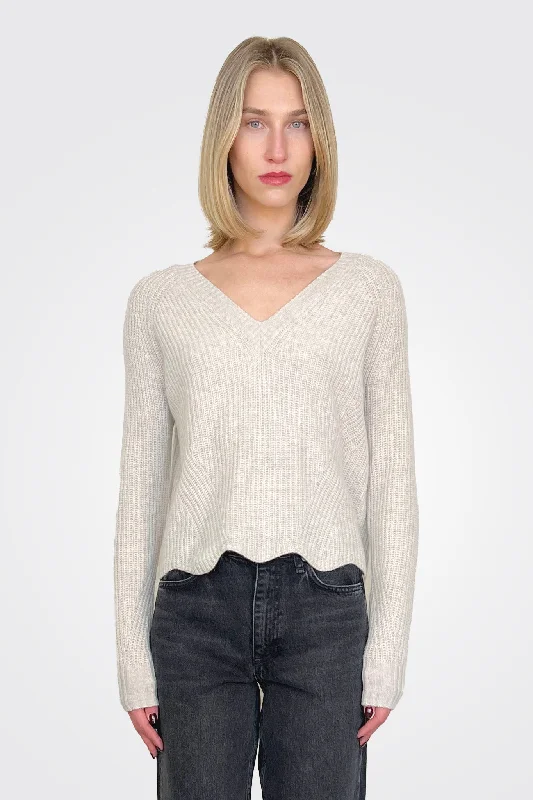 Scallop Shaker V Neck Sweater - Mojave Sophisticated Women's Tailored