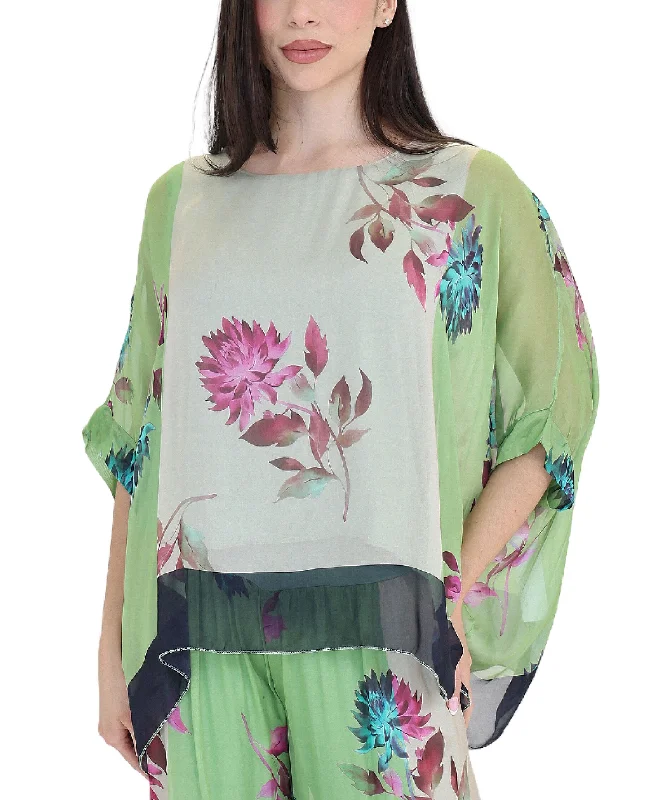 Asymmetrical Silk Floral Print Top garde