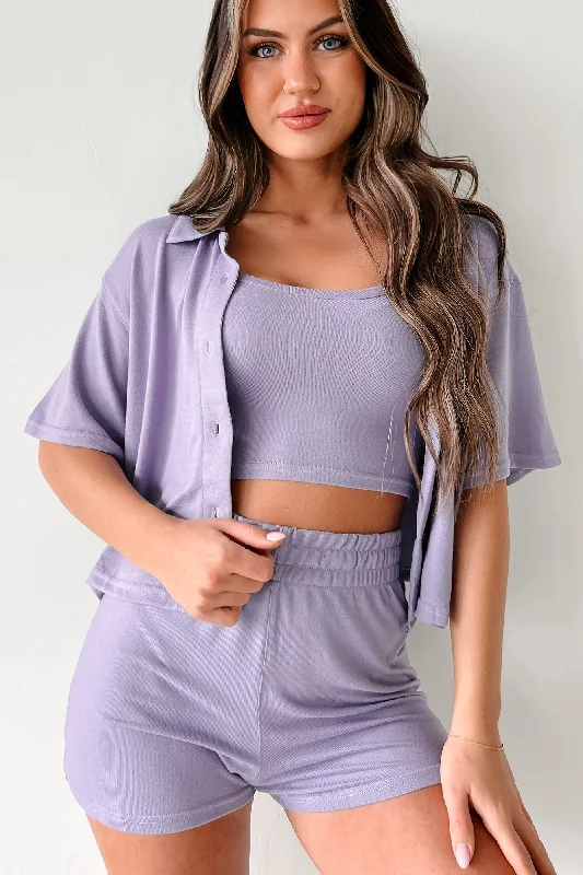 Lost In Thought Three Piece Lounge Set (Purple) Stylish Women's Tropical 