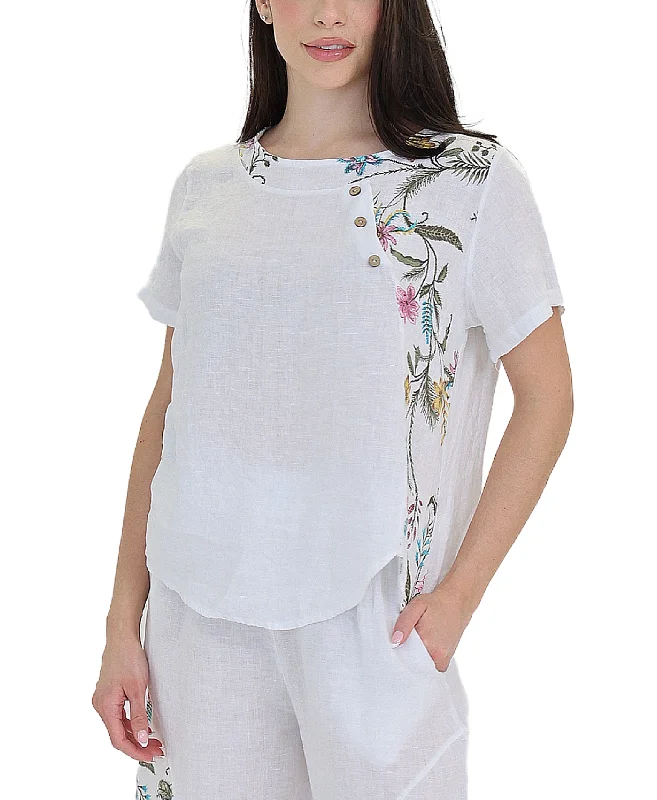 Linen Top w/ Floral Print Hip Women's Urban