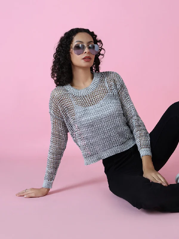 Women Grey Solid Crochet Top Monochromatic Office Style