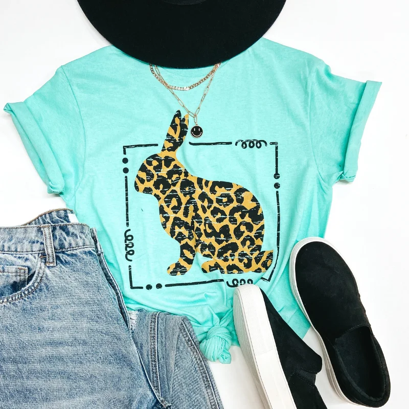 The Bunny Hop Leopard Print Bunny Easter Graphic Tee in Mint Relaxed Women's 