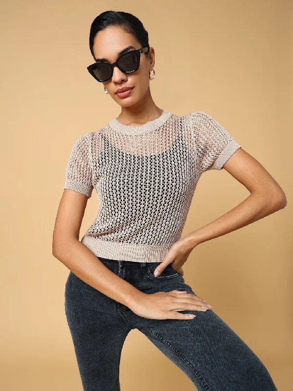Women Beige Solid Crochet Top Stylish Women's Tropical 