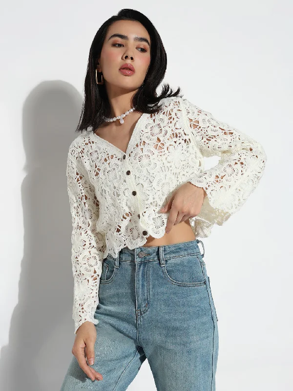 Women V-Neck Cream Floral Sheer Top performance