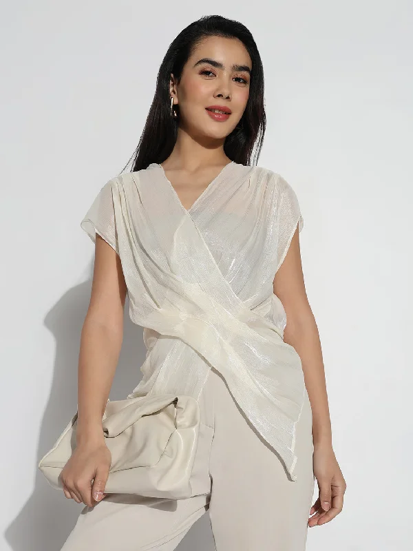 Women V-Neck Cream Solid Top Laid - back Women's Style