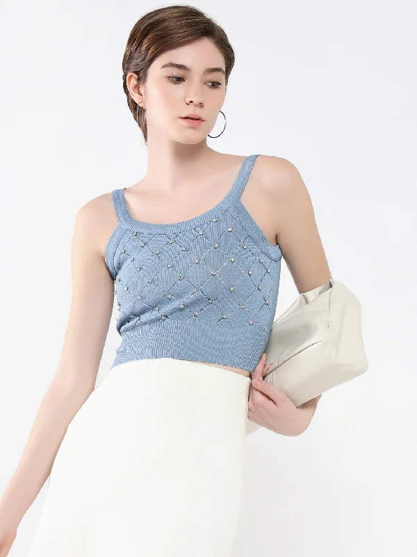 Women Embellished Blue Tank Top Sophisticated Women's 