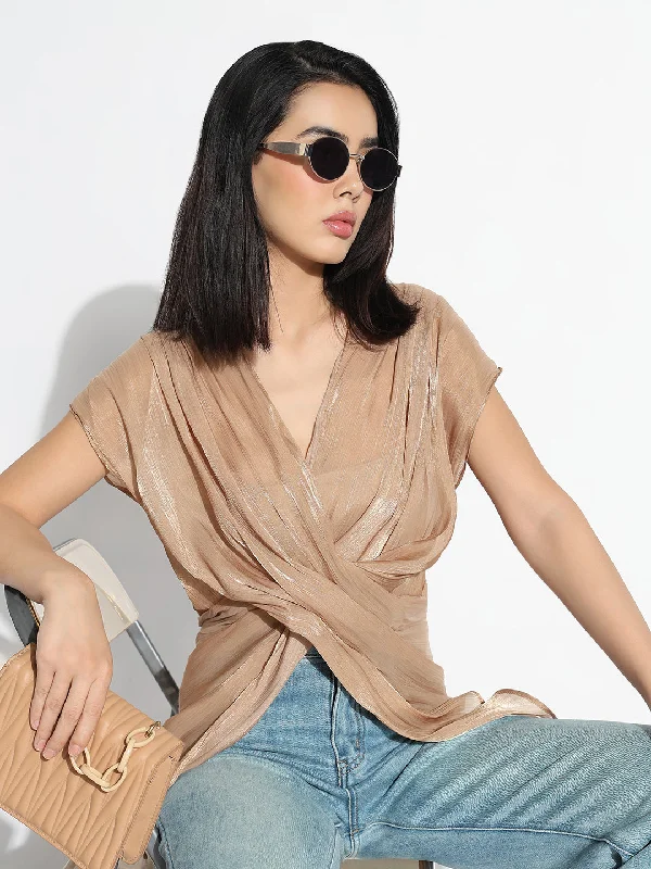 Women V-Neck Beige Solid Top Traditional Women's 