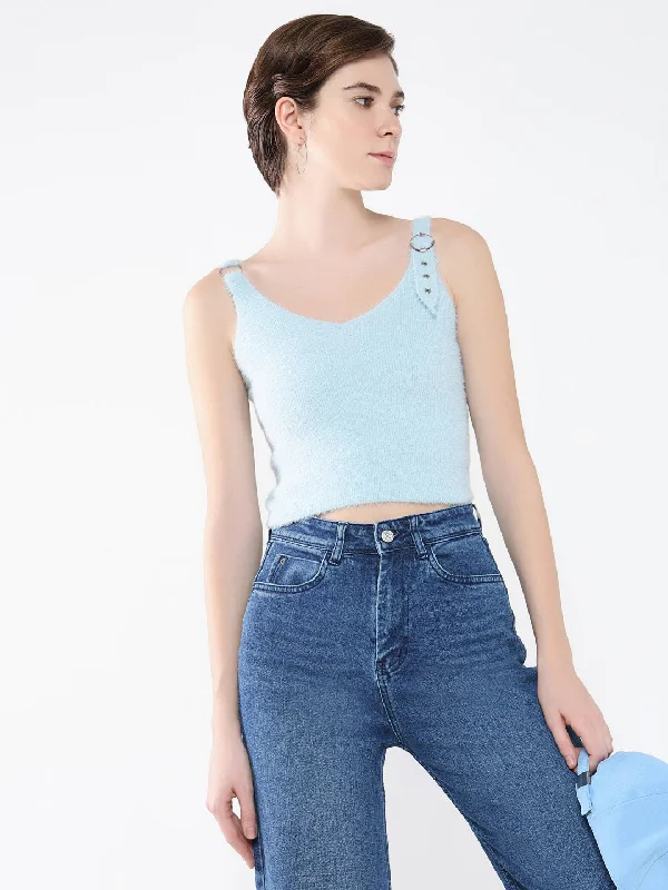 Women Solid Blue Tank Top European