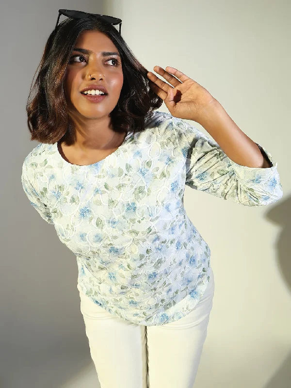 Women Blue Floral Top Refined Women's Velvet