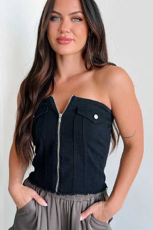 In Too Deep Zip-Front Denim Tube Top (Black) Unique Women's Upcycled