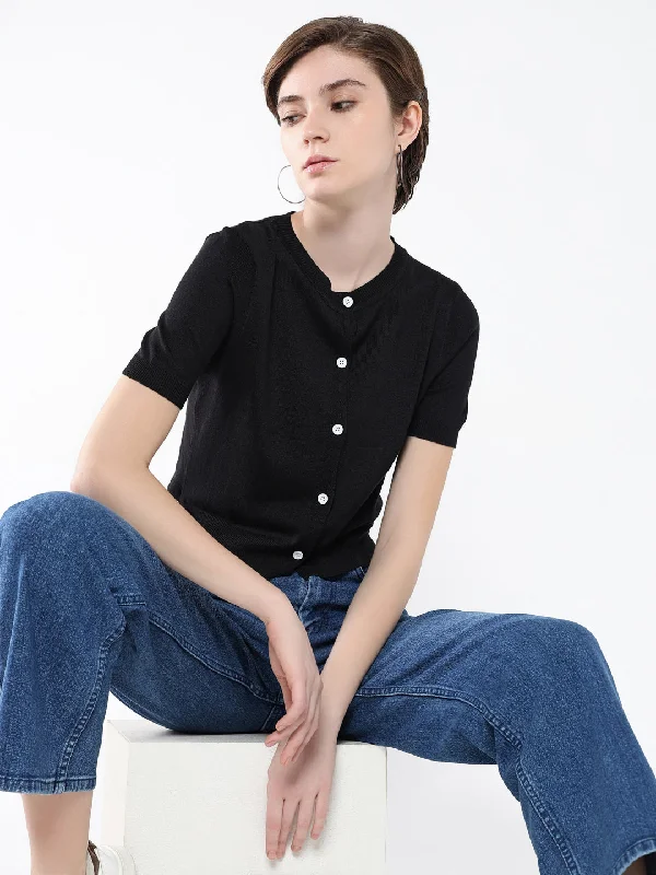Women Black Solid Styled Back Top Bohemian Women's Free