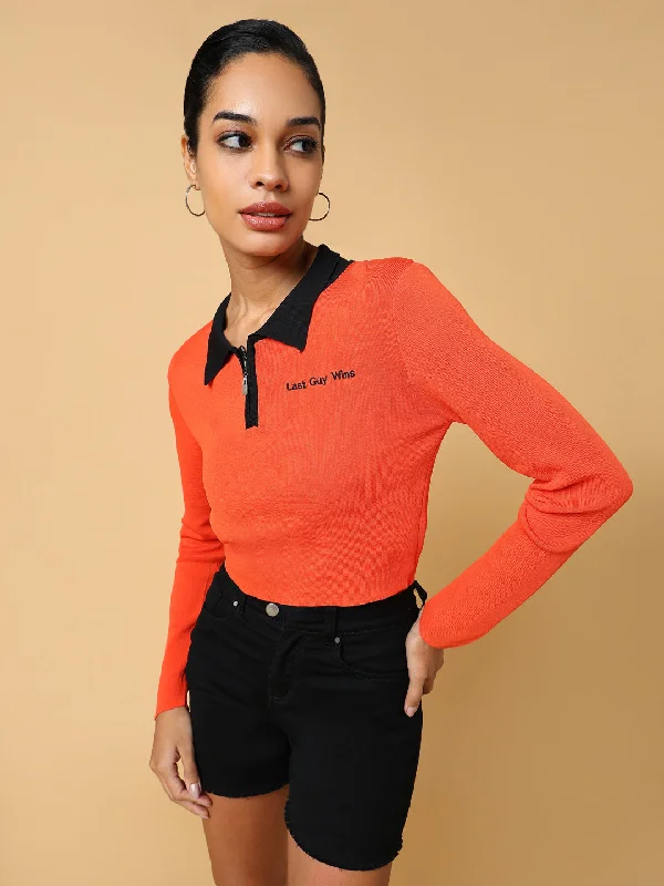 Women Solid Orange Fitted Crop Top Monochromatic All - in - one