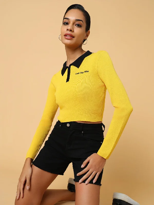 Women Solid Yellow Fitted Top Modern Women's Tech