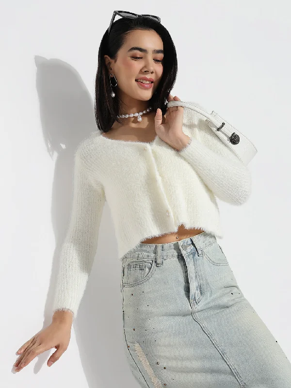 Women Shoulder Straps Off White Solid Crop Tank Top with Shrug Refined Women's Hand - crafted