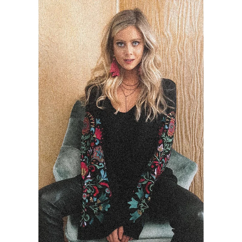 Judith March Black Rayon Twill Top with Floral Sleeves Adventure
