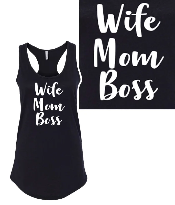Wife, Mom, Boss - Black Next Level Women's Racerback Tank Top Monochromatic Office Style