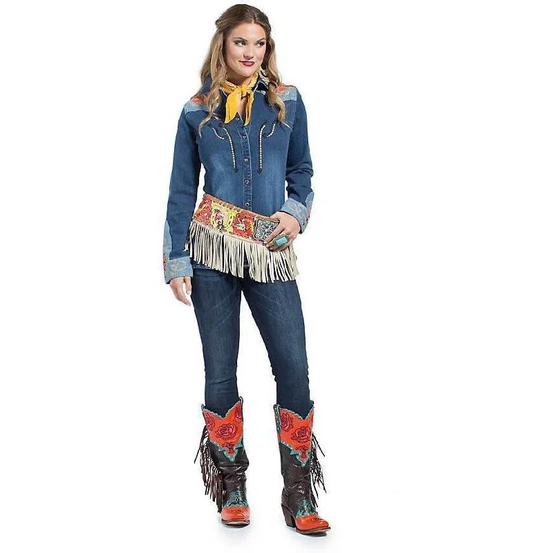 Wrangler Rodeo Quincy Denim Floral Screen Print Long Sleeve Snap Shirt Earthy Women's Hemp - based