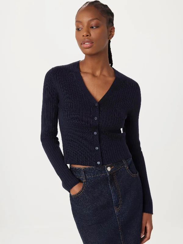 The Merino V-Neck Cardigan in Space Blue Streetwear Style for 