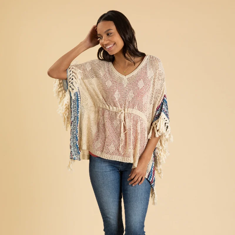 Open Weave Crochet Top with Fringe Classic Women's Pin - striped