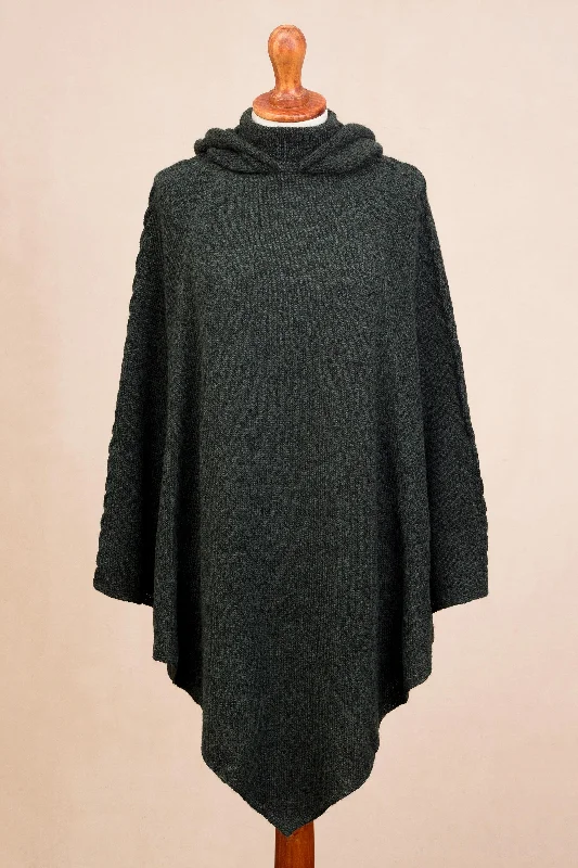 Adventurous Style in Moss Knit Alpaca Blend Hooded Poncho in Moss from Peru Dapper Women's 1920S