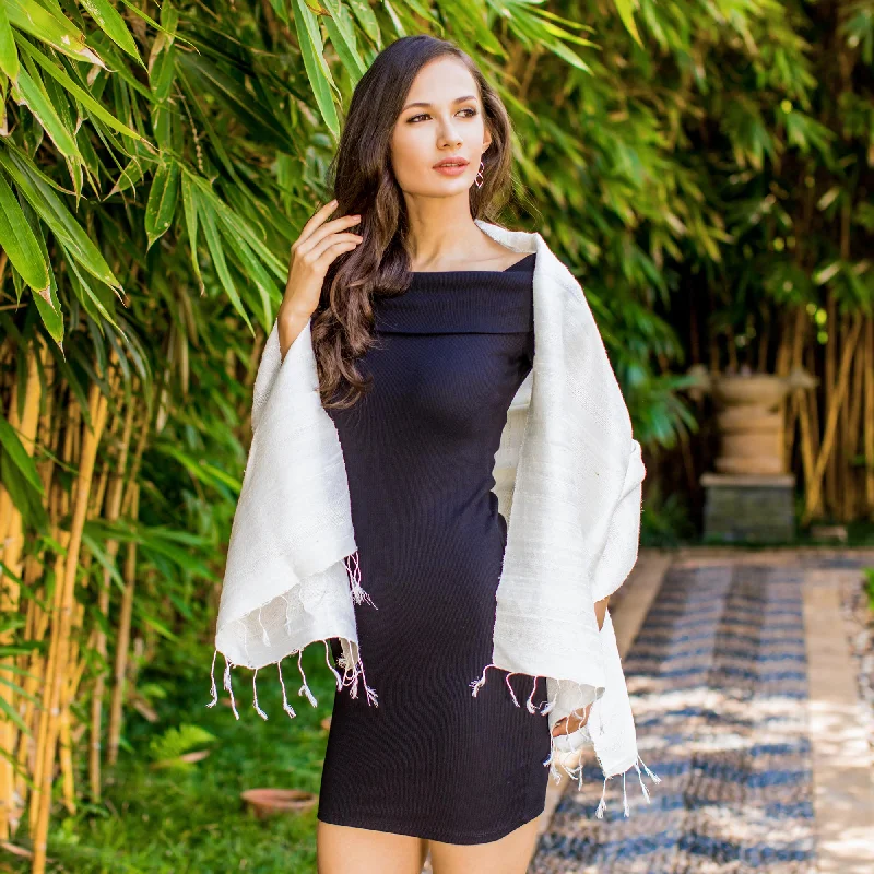 Afternoon Breeze Handwoven Fringed Silk Shawl in Ivory from Thailand Practical Women's Quick - dry Afternoon Breeze Handwoven Fringed Silk Shawl in Ivory from Thailand Practical Women's Quick - dry
