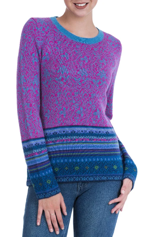 Andean Flowers 100% Alpaca Pullover in Fuchsia Floral from Peru Stylish Women's Neon