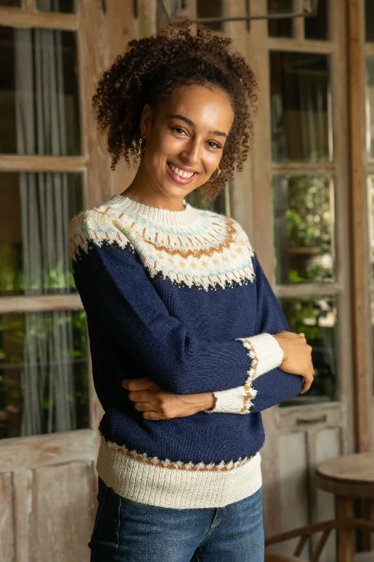 Apres-ski Midnight and Antique White 100% Alpaca Pullover from Peru Cool Women's Skate