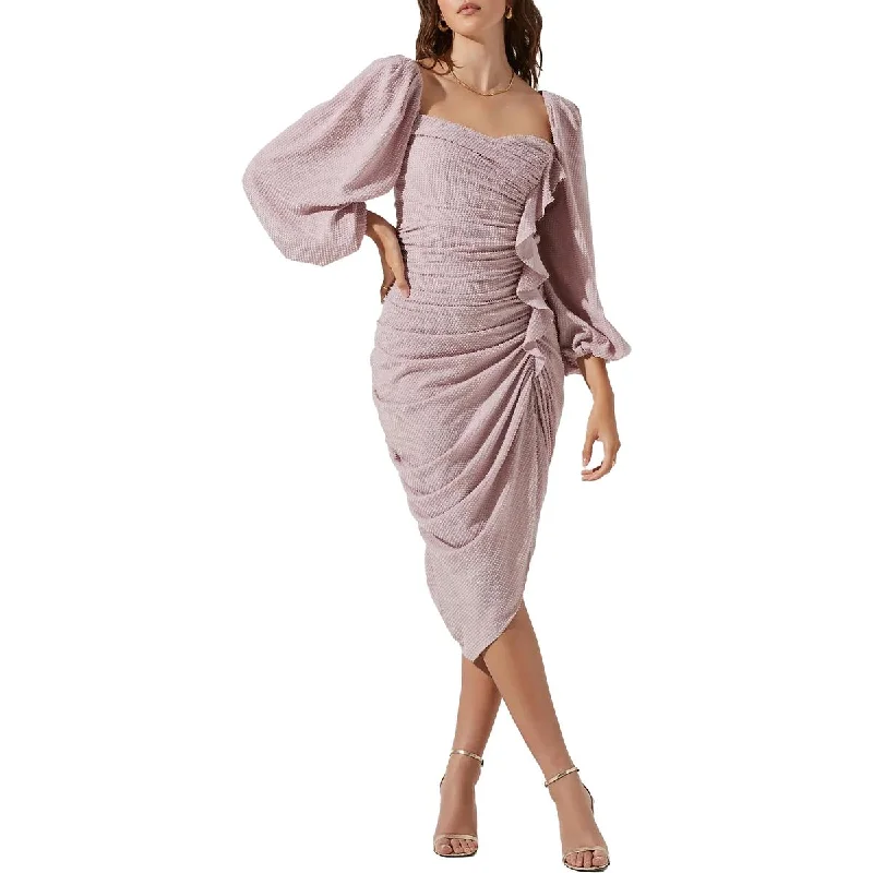 ASTR The Label Athens Women's Ruched Ruffled Blouson Sleeve Midi Dress Sophisticated Women's Tailored