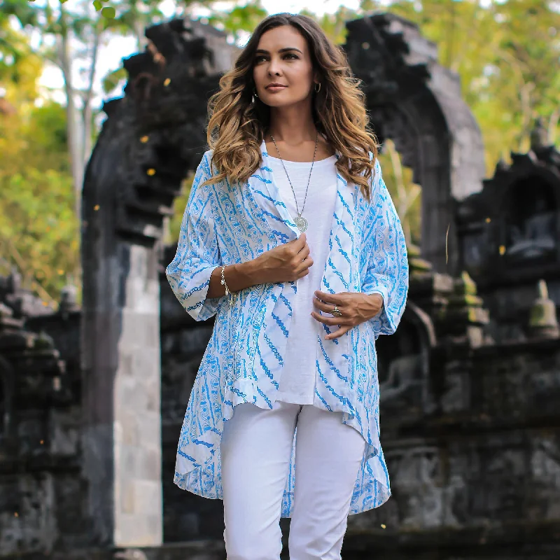 Azure Helix Printed Rayon Kimono in Azure from Bali Cool Women's Distressed