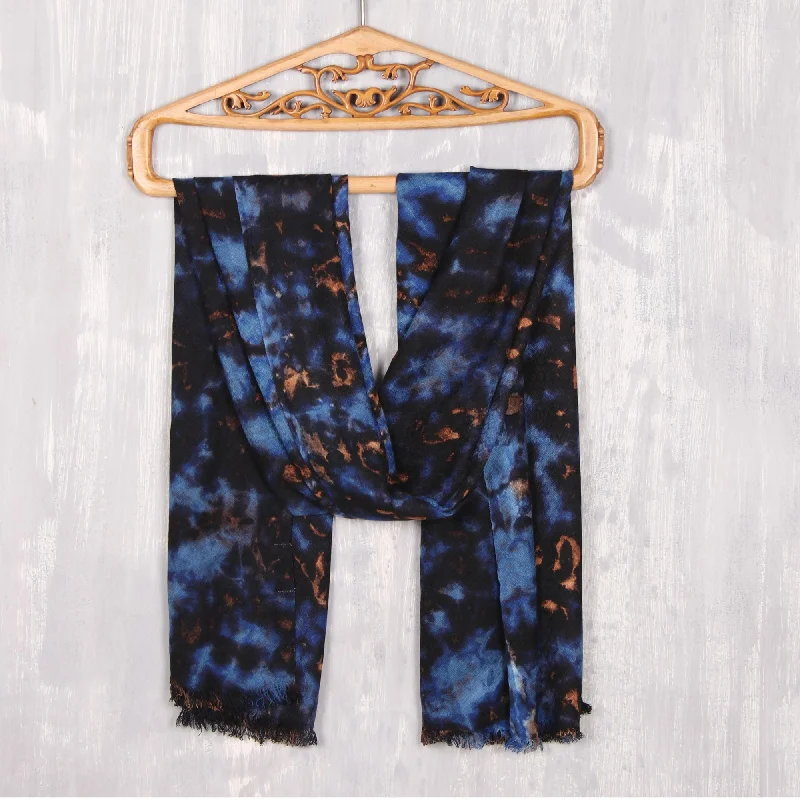 Blissful Fusion in Blue Blue and Caramel Viscose Shawl Crafted in India Relaxed Women's Blissful Fusion in Blue Blue and Caramel Viscose Shawl Crafted in India Relaxed Women's