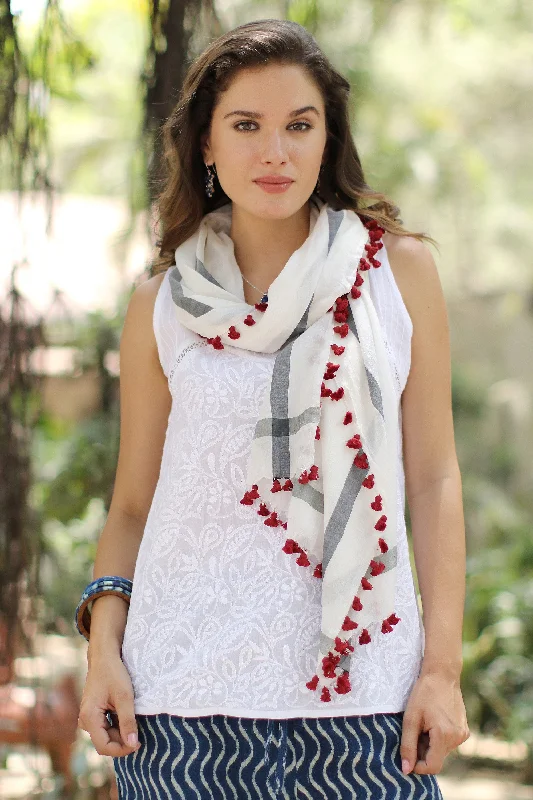 Blissful Simplicity Hand Woven Silk Cotton Blend White Shawl with Red Tassels Geometric