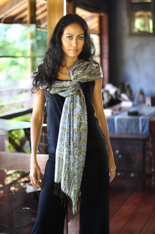 Blue Floral Stars Indonesian Floral Silk Shawl Hip Women's Urban