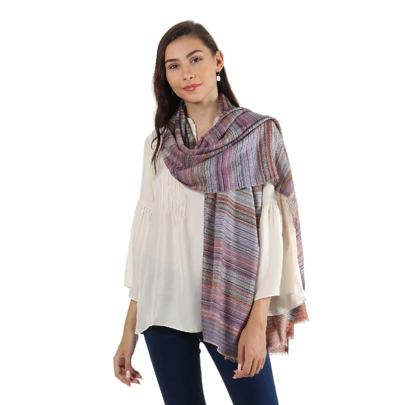 Brilliant Stripes 100% Wool Shawl with Multicolored Stripes Handmade in India Compression