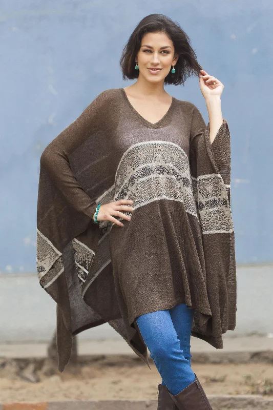 Brown Inca Woven Dark Brown Poncho with Stripe from Peru Dapper Women's 1920S