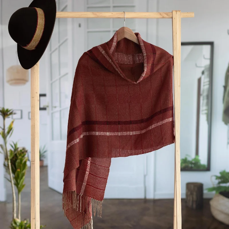 Burgundy Windowpanes Handwoven Patterned Burgundy and Brown Baby Alpaca Shawl Casual Women's Japanese Burgundy Windowpanes Handwoven Patterned Burgundy and Brown Baby Alpaca Shawl Casual Women's Japanese