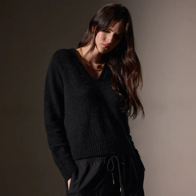 Cashmere Soft V Sweater - True Black Stylish Women's Neon