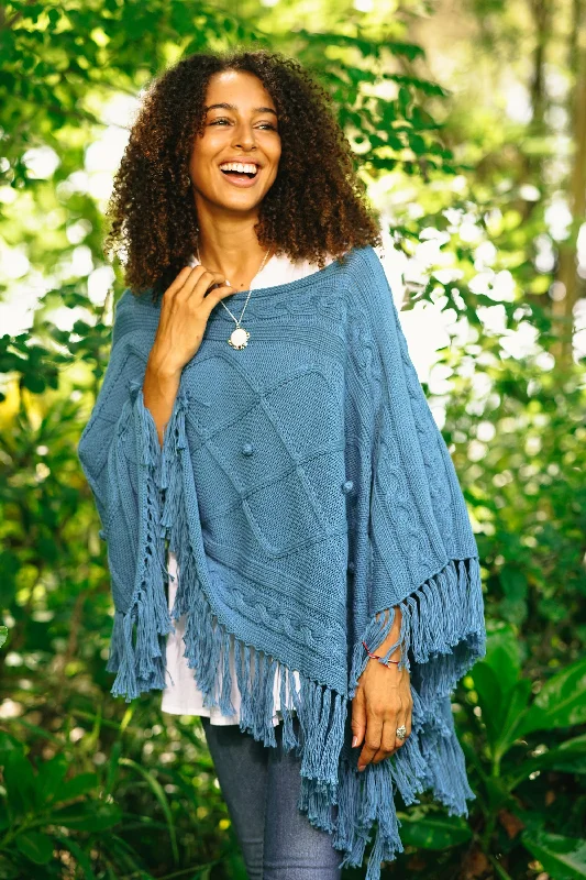 Charming Knit in Cerulean Short Knit Cotton Poncho in Cerulean from Thailand Hip Women's Retro