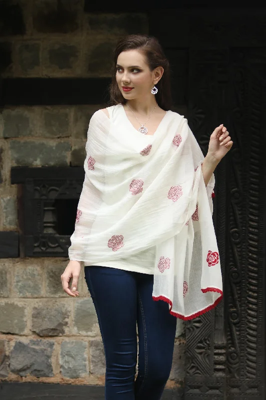 Chikan Roses in Claret Cotton and Silk Shawl in Champagne and Claret from India Confident Women's Power Chikan Roses in Claret Cotton and Silk Shawl in Champagne and Claret from India Confident Women's Power