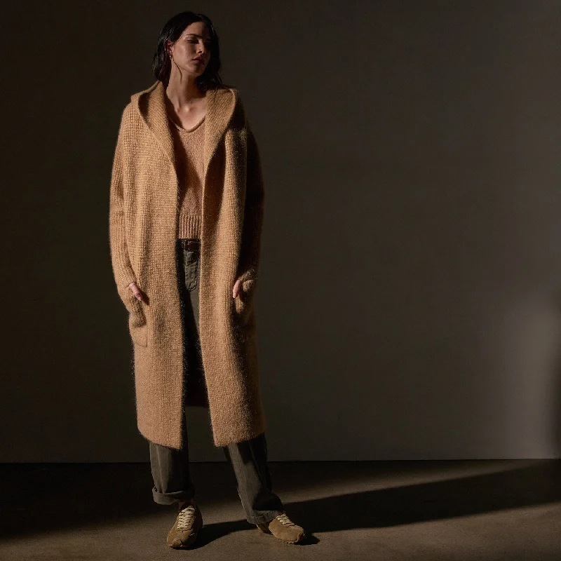 Chunky Waffle Knit Hooded Coat - Camel Classic Women's Pin - striped