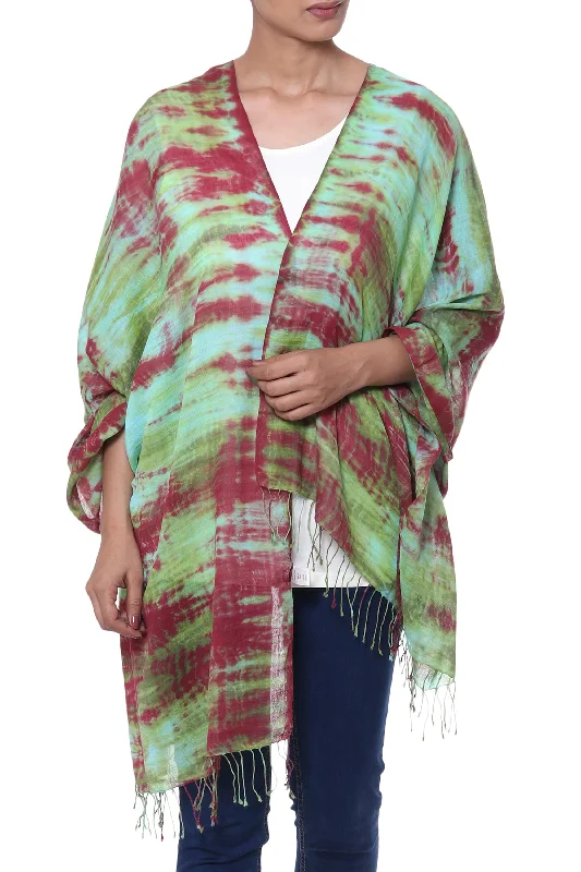 Cosmic Waves Red Green and Aqua Tie-Dyed Cotton Shawl with Fringe Confident Women's High - fashion Cosmic Waves Red Green and Aqua Tie-Dyed Cotton Shawl with Fringe Confident Women's High - fashion