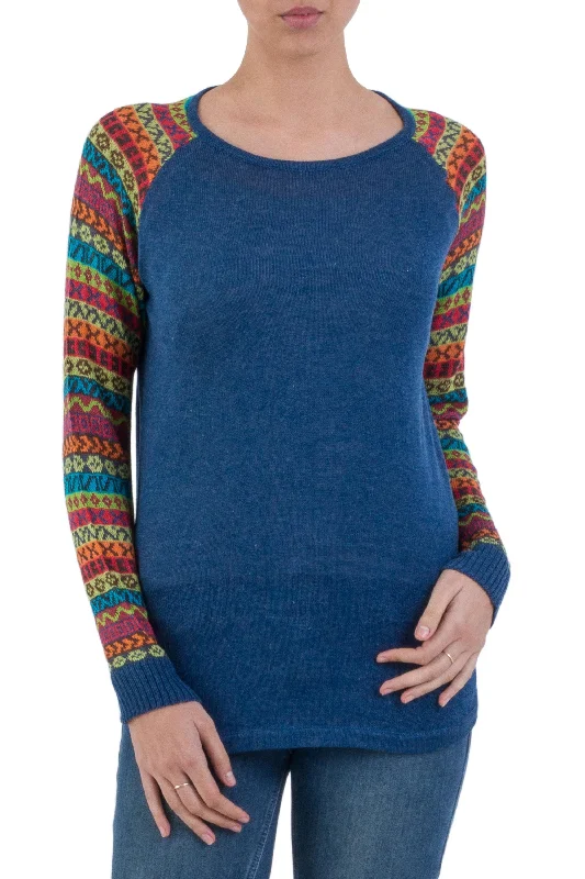 Cusco Market in Blue Blue Tunic Sweater with Multi Color Patterned Sleeves Sleek Women's Metallic
