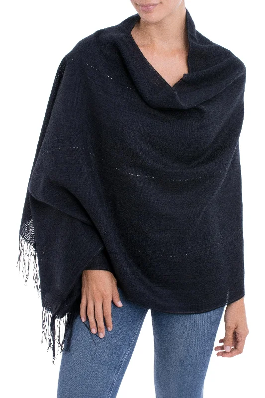 Deep Sky Midnight Blue 100% Alpaca Woven Fringed Shawl from Peru European