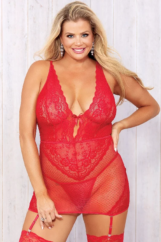Dotted Mesh & Lace Garter Chemise Business