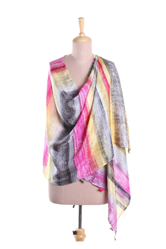 Dramatic Day Fuchsia and Multi-Color Striped Hand Printed 100% Silk Shawl Modern Women's Dramatic Day Fuchsia and Multi-Color Striped Hand Printed 100% Silk Shawl Modern Women's
