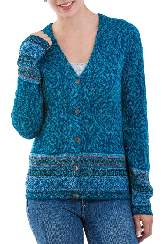 Dreamy Blues Teal 100% Alpaca Wool Cardigan Sweater from Peru performance