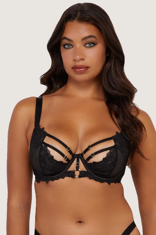Eleanor Black Strappy Embroidery Balconette Bra Relaxed Women's Beachy