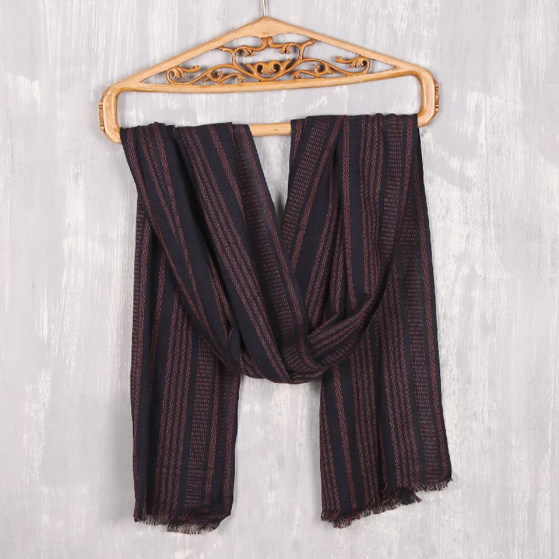 Elegant Combination Navy and Peach Striped Cotton Shawl from India Minimalist Women's Casual