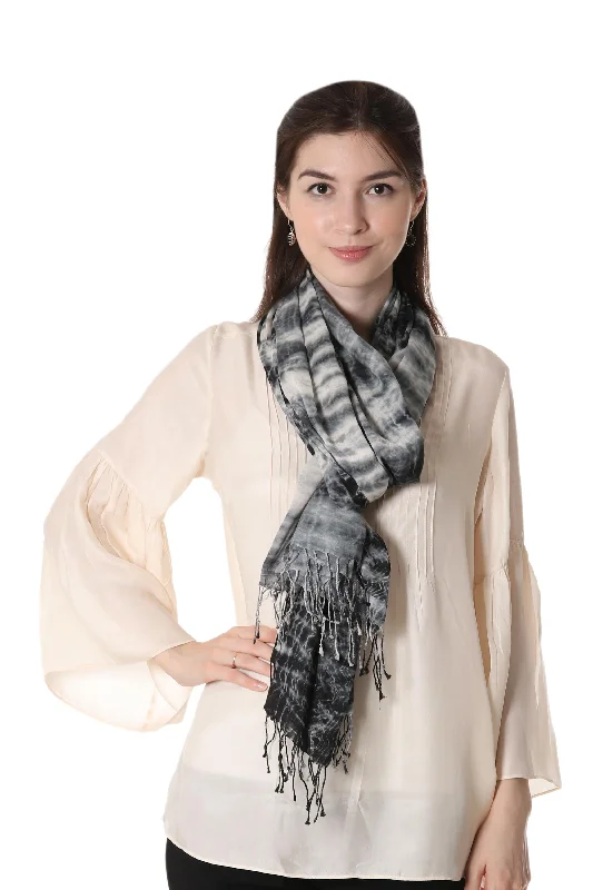 Elegant Shibori 100% Cotton Shibori Shawl in Black and Ivory from India Practical Women's Multi - 