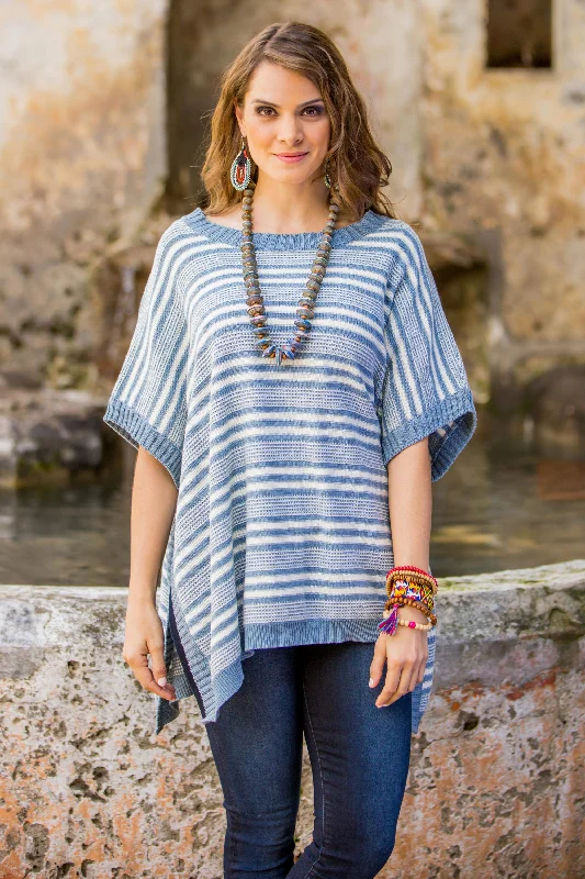 Elegant Stripes Cotton Poncho Blue Stripes Wood Buttons from Guatemala Traditional Women's Wool Elegant Stripes Cotton Poncho Blue Stripes Wood Buttons from Guatemala Traditional Women's Wool